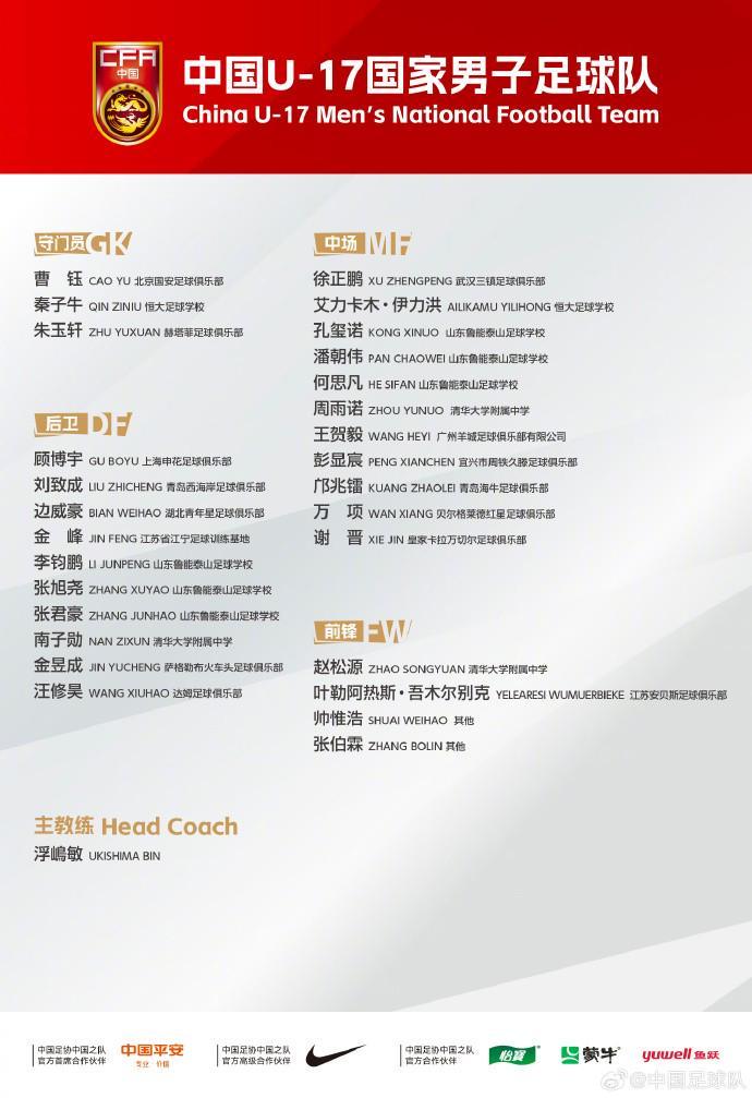 开云体育-国足公布U17集训大名单：万项、邝兆镭、帅惟浩在列